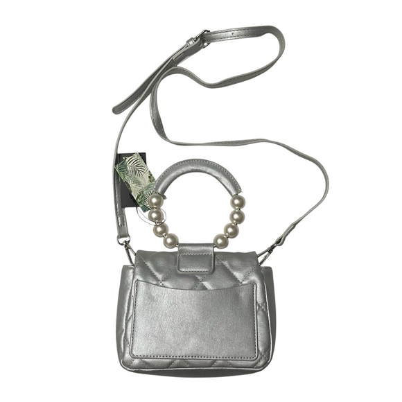 Badgley Mischka Mini Faux Pearl Handle Purse Crossbody Strap Metallic Grey Bag - Picture 2 of 6